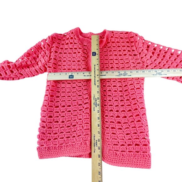 Handmade Coral Pink Open Knit Crochet Cardigan Sweater Long Sleeve Womens Medium - Picture 7 of 7